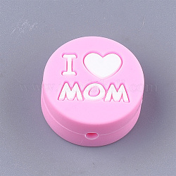 Mother's Day Theme, Food Grade Eco-Friendly Silicone Focal Beads, Chewing Beads For Teethers, DIY Nursing Necklaces Making, Flat Round with Word I Love Mom, Hot Pink, 20x9.5mm, Hole: 2mm