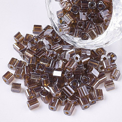 6/0 Glass Seed Beads, Transparent Colours Luster, Square Hole, Cube, Saddle Brown, 6/0, 3~5x3~4x3~4mm, Hole: 1.2~1.4mm, about 4500pcs/bag