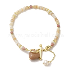 Braccialetto cuore di rodonite naturale, braccialetto con perle e conchiglie, vero placcato oro 14k, 7-1/4 pollice (18.5 cm)