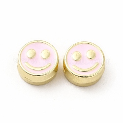 Cuentas de esmalte de aleación de chapado en rack, Sin cadmio y níque y plomo, plano redondo con patrón de cara sonriente, la luz de oro, rosa perla, 7.5x4mm, agujero: 2 mm