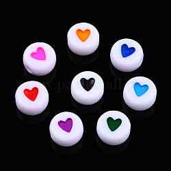 Opaque Acrylic Beads, with Enamel, Flat Round with Heart, Mixed Color, 7x3.5mm, Hole: 1.2mm, about 3600~3700pcs/500g