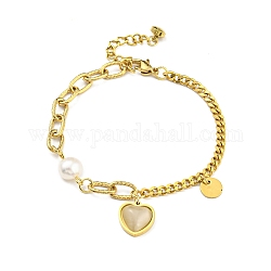 Bracelet à breloques coeur en résine avec perles naturelles, placage sous vide 304 bracelet en acier inoxydable pour fille et femme, or, 7-1/4 pouce (18.5 cm)