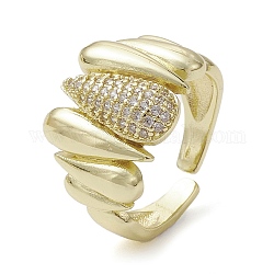 Rack Plating Brass Micro Pave Cubic Zirconia Open Cuff Rings, Teardrop, Real 18K Gold Plated, US Size 7(17.3mm)