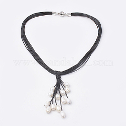 Collier pendentif perle d'eau douce lariat, avec cordon ciré et fermoirs magnétiques, noir, 17.71 pouce (45 cm)