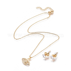 304 Stainless Steel Jewelry Sets, Brass Micro Pave Cubic Zirconia Pendant Necklaces and 304 Stainless Stud Earrings, with Plastic Ear Nuts/Earring Back, Eye, Clear, Golden, 17.72 inch(45cm), 1.5mm, 15x5.5mm, Pin: 0.7mm