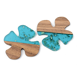 Transparent Resin & Walnut Wood Pendants, with Gold Foil, Flower, Dark Turquoise, 28x28x3mm, Hole: 2mm