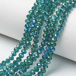 FilI di perline in vetro placcato, mezzo placcato, blu placcato, sfaccettato, rondelle, ciano scuro, 6x5mm, Foro: 1 mm, circa 85~88pcs/filo, 16.1~16.5 pollice (41~42 cm)