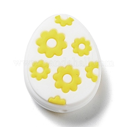 Easter Egg with Flower Silicone Beads, White, 29.5x23x9.5mm, Hole: 2.5mm