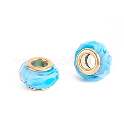 Faceted Glass European Beads, Large Hole Beads, with Golden Color Brass Core, Rondelle, Light Sky Blue, 13.5~14x8.5~9mm, Hole: 5mm
