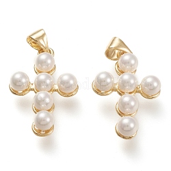 Pendentifs coquille perle, avec les accessoires en laiton, croix, véritable 18k plaqué or, 22x14.5x5mm, Trou: 3.5x5mm