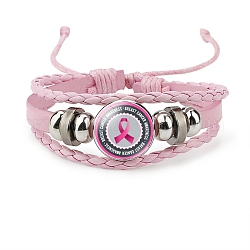 Bracelets multibrins en simili cuir pour femme, Bracelet réglable en verre de fer avec ruban rose de sensibilisation au cancer du sein d'octobre, plat rond, 4-3/8 pouce (11 cm)