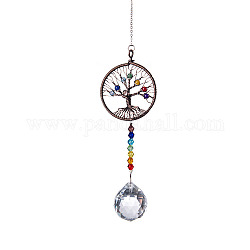 Glass Teardrop Pendant Decorations, Gemstone Bead Tree of Life Hanging Suncatchers, with Metal Findings and Chakra Glass Bead, 370mm