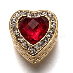 316 perles européennes chirurgicales en acier inoxydable, Perles avec un grand trou   , avec résine et strass cristal, cœur, or, rouge, 13x12.5x9.5mm, Trou: 4.5mm