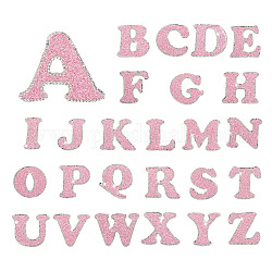 26 letras de tela para planchar/coser parches, con rhinestone de cristal y polvo de purpurina, accesorios de vestuario, alfabeto, rosa, 46~50x25~65x1.5mm, 26 PC / sistema