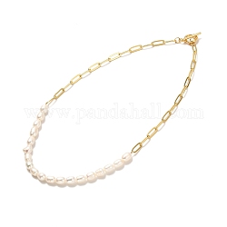 Vintage Natural Pearl Beaded Necklace for Birthday Mother's Day Gift, Golden Brass Paperclip Chain Necklace, Seashell Color, 17.44 inch(44.3cm)