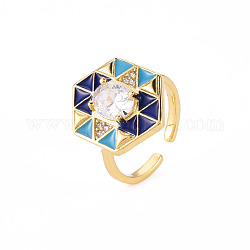 Brass Micro Pave Clear Cubic Zirconia Cuff Rings, Open Rings, with Enamel, Cadmium Free & Nickel Free & Lead Free, Hexagon, Real 16K Gold Plated, Blue, US Size 6, Inner Diameter: 17mm
