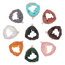 SUPERFINDINGS Druzy Resin Pendants, Imitation Geode Druzy Agate Slices, with Edge Light Gold Plated Iron Loops, Nuggets, Mixed Color, 38~39x32.5~33.5x7~8mm, Hole: 1.6mm, 9 colors, 2pcs/color, 18pcs/box