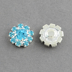 Shining Garment Accessories Flower Brass Grade A Rhinestone Findings Cabochons, Fit Floating Locket Charms, Silver Color Plated Metal Color, Aquamarine, 12x4.5mm