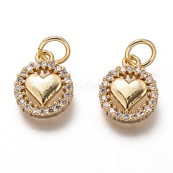 Brass Micro Pave Clear Cubic Zirconia Charms, Long-Lasting Plated, with Jump Ring, Flat Round with Heart, Golden, 12x9x2mm, Jump Ring: 5x1mm, 3mm Inner Diameter