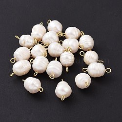 Dijes de conector de perlas de agua dulce cultivadas naturales de grado b, con 304 bucles dobles de acero inoxidable, arroz pulido, dorado, 17.5x8.5mm, agujero: 1.8~3 mm