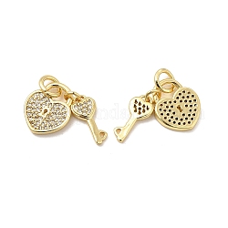 Brass Micro Pave Clear Cubic Zirconia Charms, with Jump Ring, Heart Lock & Key Charm, Real 18K Gold Plated, Heart: 13.5x11x1.5mm, Key: 13x6x1.7mm, Hole: 3.5mm