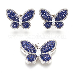 (Jewelry Parties Factory Sale), Fashionable Brass Micro Pave Cubic Zirconia Sets, Ear Studs & Pendants, with Enamel, Platinum, Butterfly, Blue, 23x31x5mm, hole: 4x4mm, 18.5x25x4mm, pin: 0.8mm