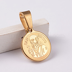 304 Stainless Steel Charms, Flat Round with Saint Benedict of Nursia, Golden, 14x12x1.5mm, Hole: 4x7mm