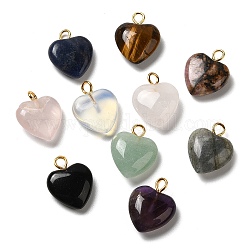 Pendentifs en pierres précieuses mixtes naturels et synthétiques, breloques coeur avec passants en laiton plaqué or, 15~15.5x12~12.5x4.5~5.5mm, Trou: 2mm