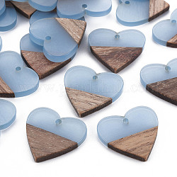 Pendentifs en bois de résine et de noyer, cœur, bleuet, 24x25x3.5~4mm, Trou: 2mm