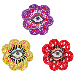 Hobbiesay 3 Stück 3 Farben Blume mit Augenmuster Stoffstickerei auf Applikationsaufnäher, Basteln Dekoration nähen, mit Kunststoff-Saatperlen und Pailletten, Mischfarbe, 108x115x2.5 mm, 1 Stück / Farbe