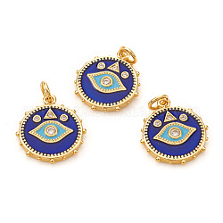 Brass Micro Pave Cubic Zirconia Pendants, with Jump Rings and Enamel, Flat Round with Evil Eye, Blue, Real 18K Gold Plated, 18.5x16x2mm, Jump Ring: 5x0.8mm, Hole: 3.5mm