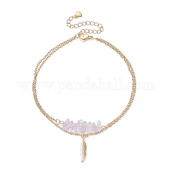 Puces d'améthyste naturelle breloques perles et plumes bracelet multi-rangs double couche, bijoux en acier inoxydable pour femmes, or, 9-3/8 pouce (23.7 cm)