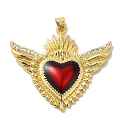 Rack Plating Brass Micro Pave Cubic Zirconia with Epoxy Resin Pendants, Cadmium Free & Lead Free, Real 18K Gold Plated, Long-Lasting Plated, Heart with Wing, Red, 37x42x5.5mm, Hole: 3x5mm