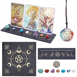 CRASPIRE DIY Tarot Divination Kits, including Resin & Gemstone 7 Chakra Pendant Necklace, Gemstone Beads, Wooden Card Stand Holder, Non-woven Altar Tablecloth and Iron Challenge Coin