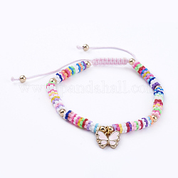 Adjustable Nylon Cord Braided Bead Bracelets, with Polymer Clay Heishi Beads, Alloy Enamel Charms and Real 18K Gold Plated Brass Beads, Butterfly, Pink, 1-7/8 inch~3-1/8 inch(4.9~8.1cm)