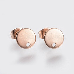Ion Plating(IP) 304 Stainless Steel Stud Earring Findings, with Loop and Flat Plate, Ear Nuts/Earring Backs, Flat Round, Rose Gold, 10x1mm, Hole: 1.2mm, Pin: 0.8mm