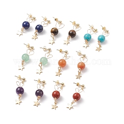 7 paires de boucles d'oreilles pendantes en perles de pierres précieuses mélangées naturelles de style 7, boucles d'oreilles coeur et étoile 304 en acier inoxydable pour femme, or, 40mm, pin: 0.7 mm, 1 paire/style