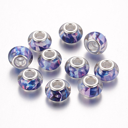 Resin European Beads, Large Hole Rondelle Beads, with Silver Tone Brass Cores, Blue, 14x9mm, Hole: 5mm