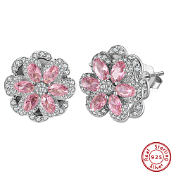 925 orecchini a bottone con fiore rotante in argento sterling rodiato, con zirconi rosa, con timbro s925, Vero platino placcato, 17.5x17mm