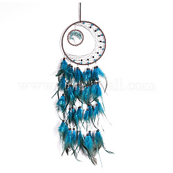 Toile/filet tissé en fer et turquoise synthétique avec décorations de pendentifs en plumes, rond et plat avec un arbre, Dodger bleu, 160mm