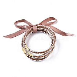 PVC Plastic Buddhist Bangle Sets, Jelly Bangles, with Round Glass Seed Beads and Polyester Ribbon, Camel, 2-1/2 inch(6.5cm), 5pcs/set