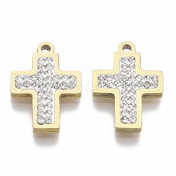 201 Stainless Steel Pendants, with Polymer Clay Crystal Rhinestone, for Religion, Cross, Golden, 19x13x2~3mm, Hole: 1.6mm
