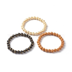 Imitation Wood Plating Acrylic Beads Stretch Bracelet Sets, Round with Cross Pattern, Mixed Color, Inner Diameter: 2-1/4 inch(5.6cm), 3pcs/set