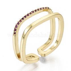 Micro ottone spianare anelli gemelli zirconi, anelli aperti, cadmio & nichel &piombo libero, vero placcato oro 16k, rosso viola medio, 17x17mm