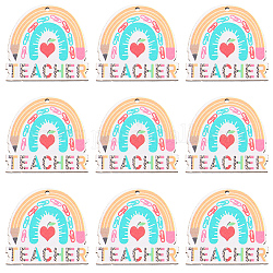 Sunnyclue 2 sachets pendentifs en bois imprimés simple face, breloques arc-en-ciel de la fête des enseignants avec mot enseignant, colorées, 42x44.5x2.5mm, Trou: 2mm, 10 pcs /sachet 