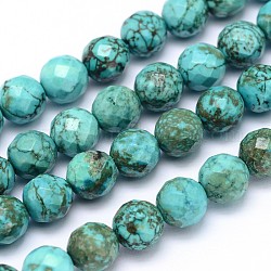 Natural Howlite Beads Strands, Dyed & Heated, Faceted, Round, Medium Turquoise, 8mm, Hole: 1mm, about 49pcs/strand, 15.3 inch(38.9cm)