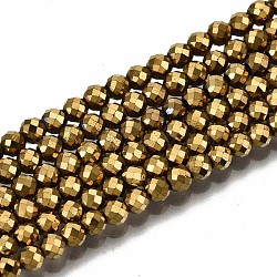 Chapelets de perles en hématite synthétique sans magnétiques, ronde, facette, plaqué or, 3mm, Trou: 0.8mm, Environ 137~139 pcs/chapelet, 15.55 pouce ~ 15.67 pouces (39.5 cm ~ 39.8 cm)