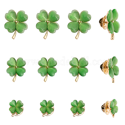 CHGCRAFT 12Pcs 3 Size Green Resin Clover Lapel Pin Brooch, Alloy Badge for Backpack Clothes, Light Gold, 14~24x11.5~19x3.5~4.5mm, Pin: 1mm