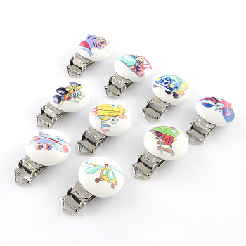Vehicle Pattern Half Round Printed Wooden Baby Pacifier Holder Clip with Iron Clasps WOOD-R251-10