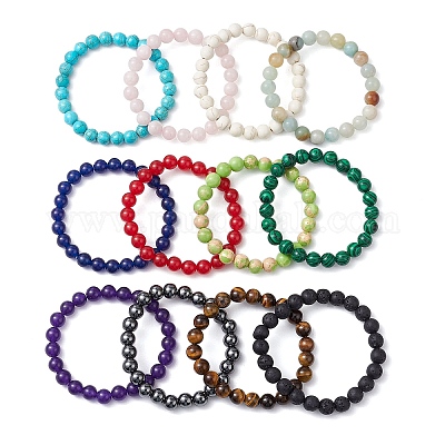 12 pz 12 stili 8mm set di bracciali elastici con perline rotonde di pietre preziose miste all'ingrosso
